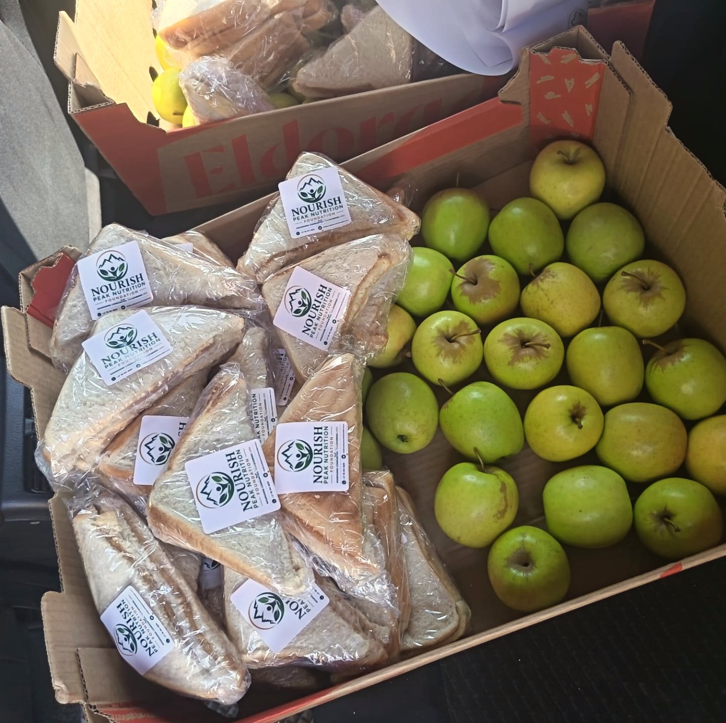 Nourish Peak-labelled sandwiches and fresh apples packed in boxes for food distribution